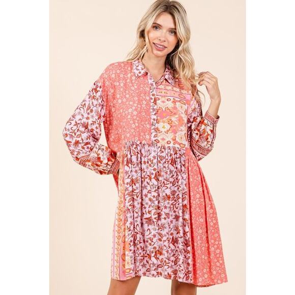 Mittoshop Floral Pattern Button Detail Long Sleeves Mini Shirt Dress | Coral - Picture 6 of 7
